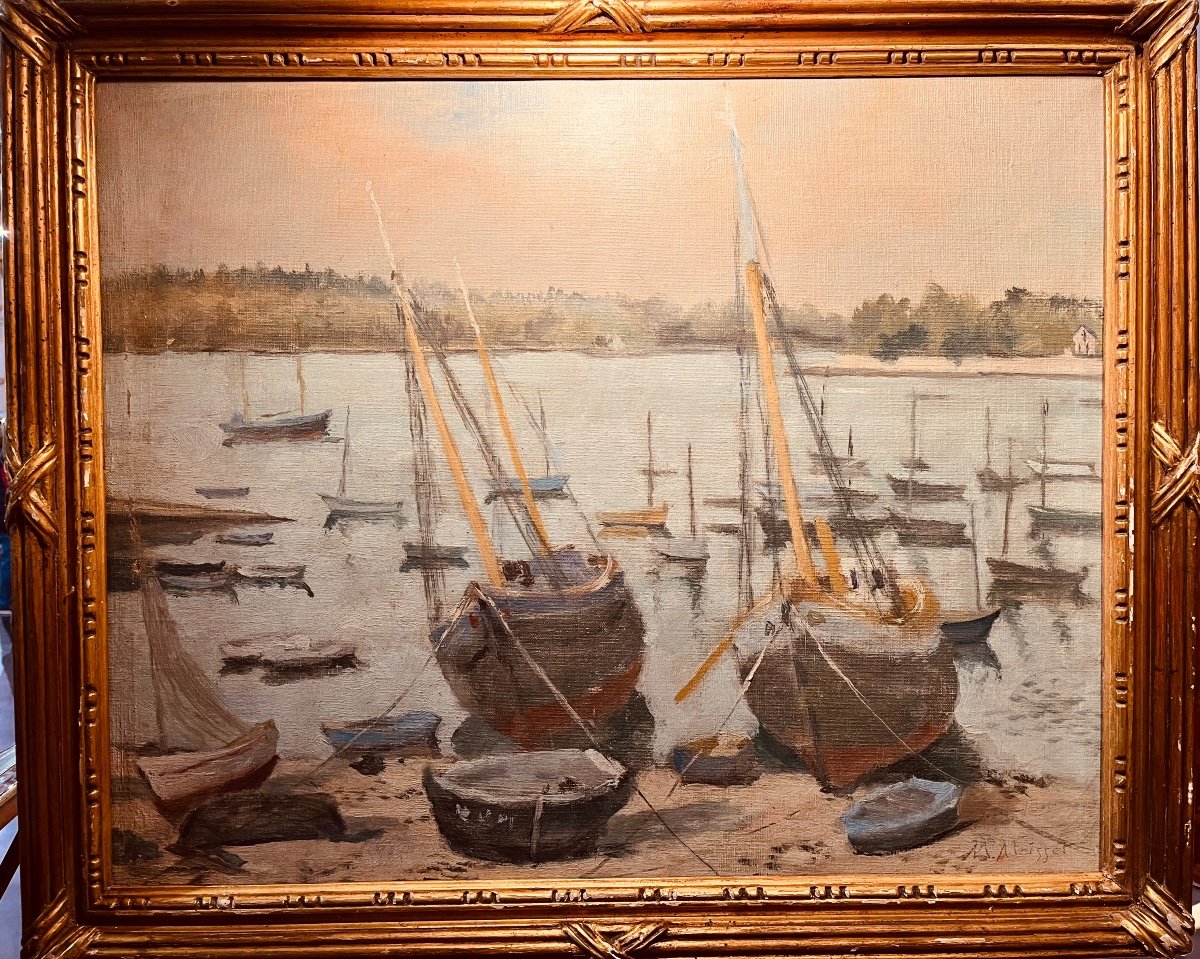 Boats At Anchor By M Moisset - Oil On Canvas-photo-4