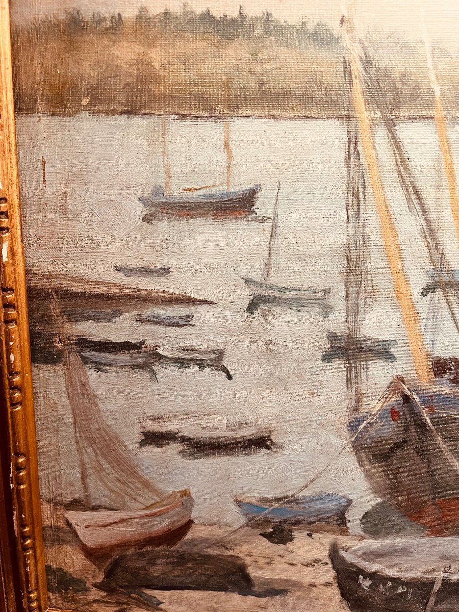 Boats At Anchor By M Moisset - Oil On Canvas-photo-6