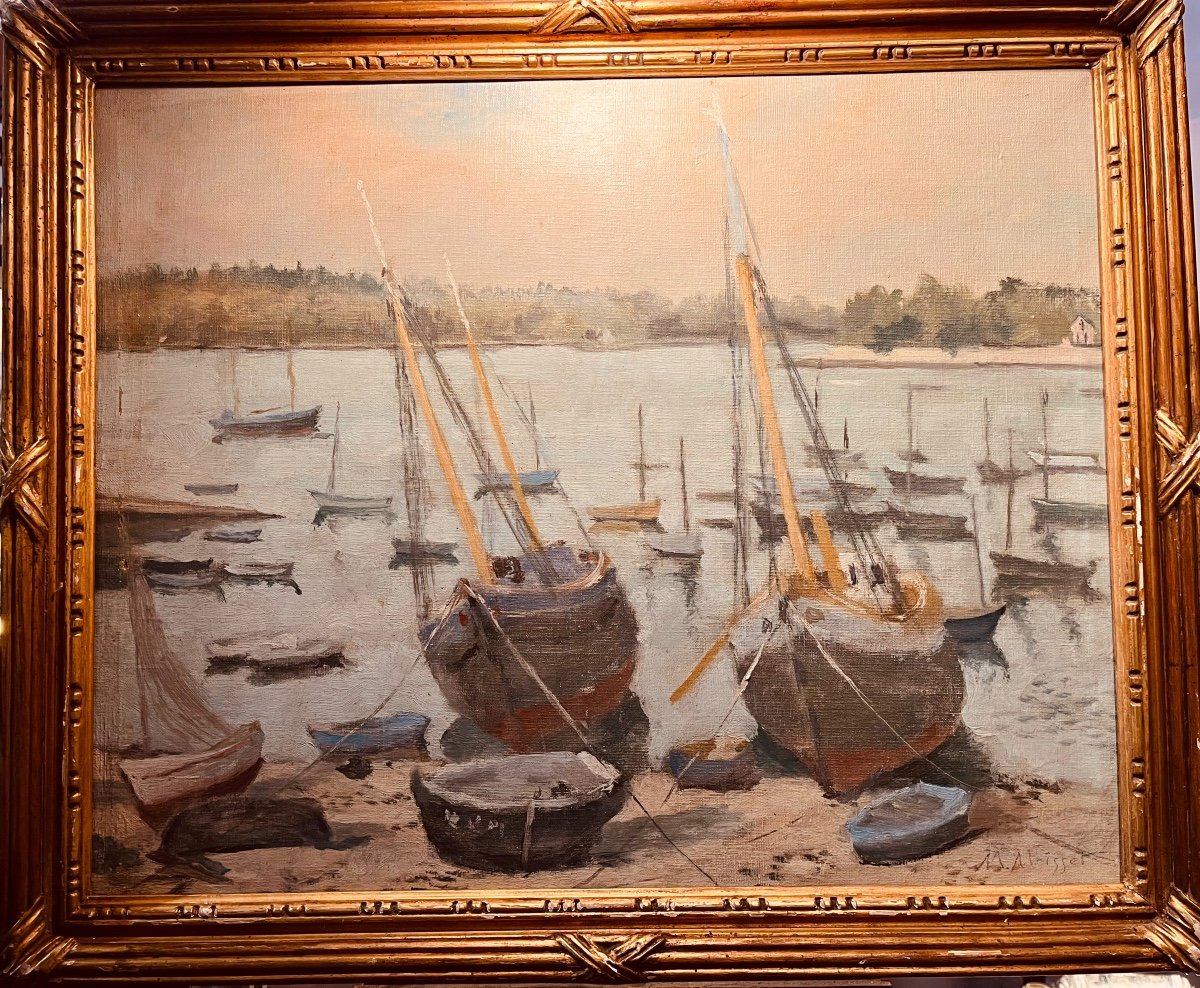 Boats At Anchor By M Moisset - Oil On Canvas