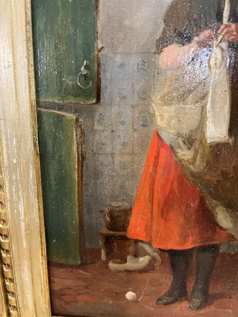 Huile Sur Panneau XIXe - Jeune Fille à La Couture-photo-4