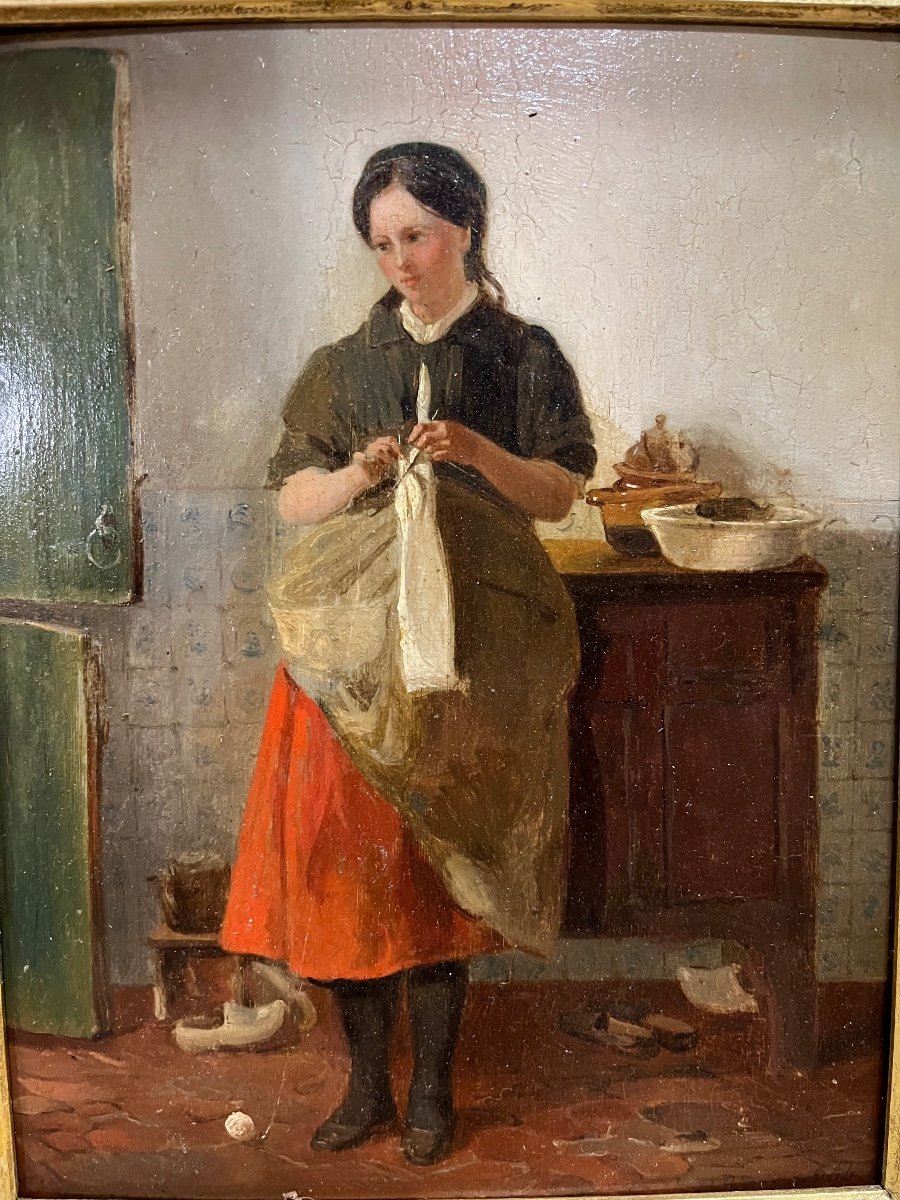 Huile Sur Panneau XIXe - Jeune Fille à La Couture-photo-2