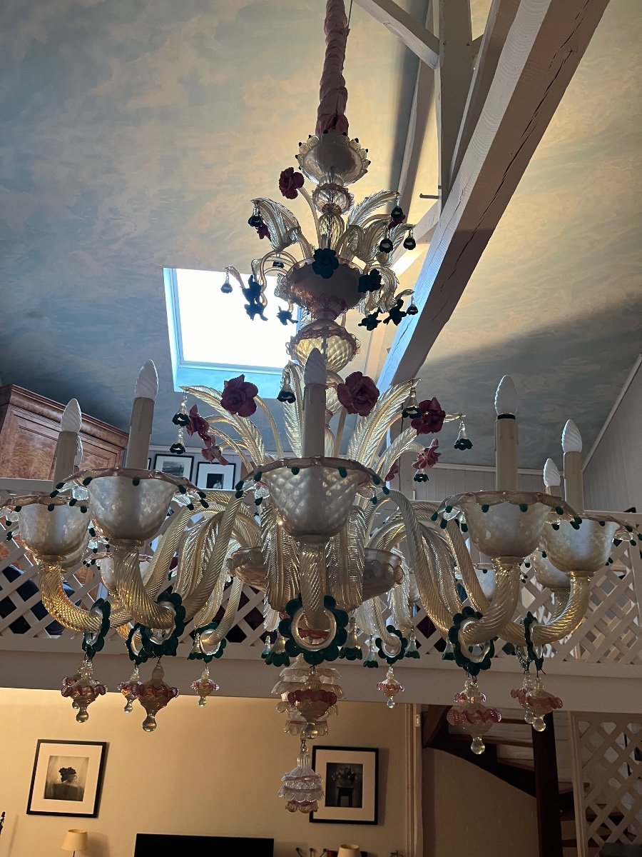 Important 12 Lights Murano Glass Chandelier -photo-3