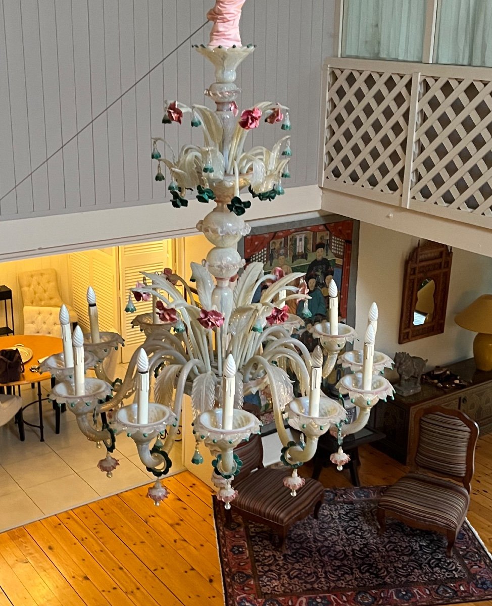 Important 12 Lights Murano Glass Chandelier -photo-3