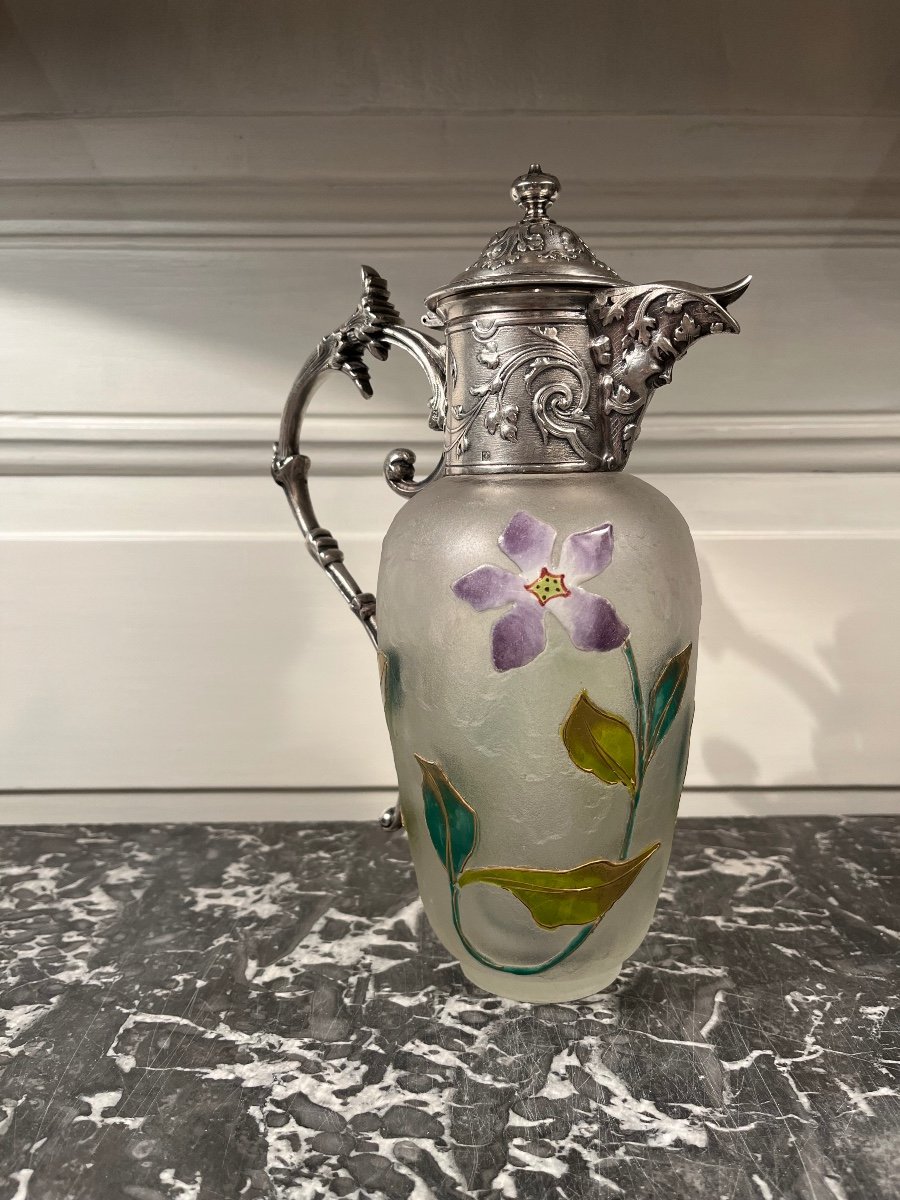 Art Nouveau Glass Paste And Silver-plated Metal Ewer -photo-2