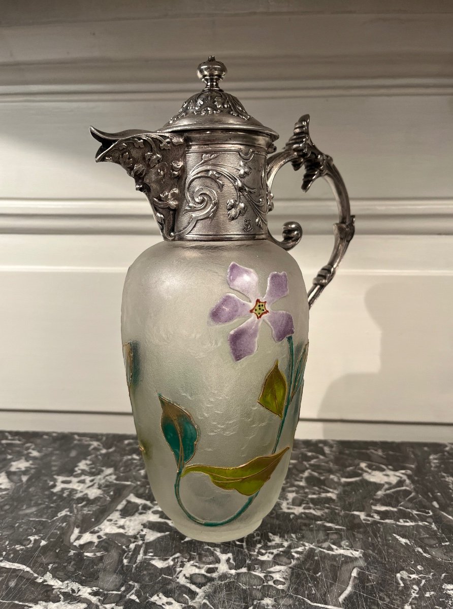 Art Nouveau Glass Paste And Silver-plated Metal Ewer 