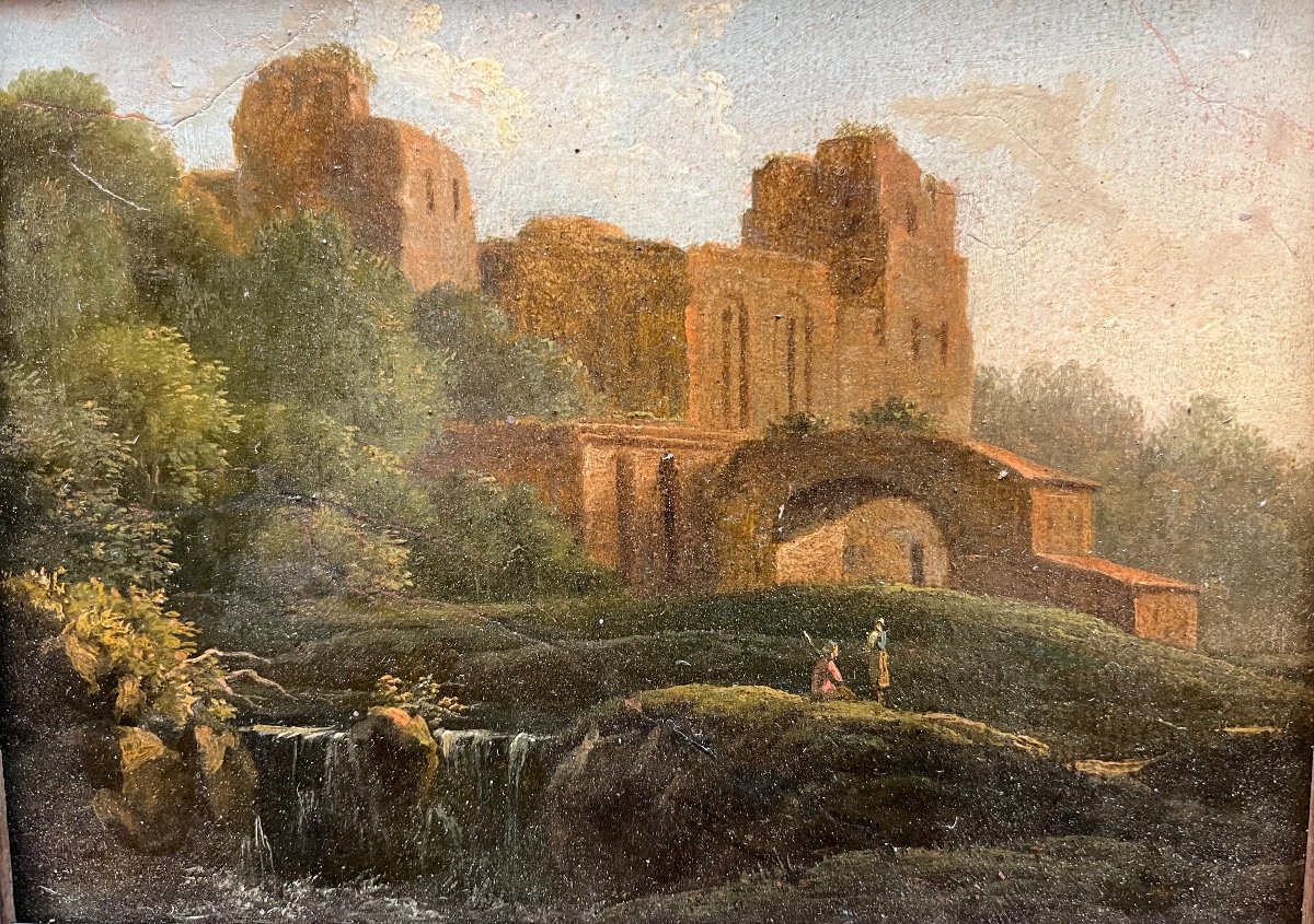 Oil On Panel Scene Of Ancient Ruins, 18th Century