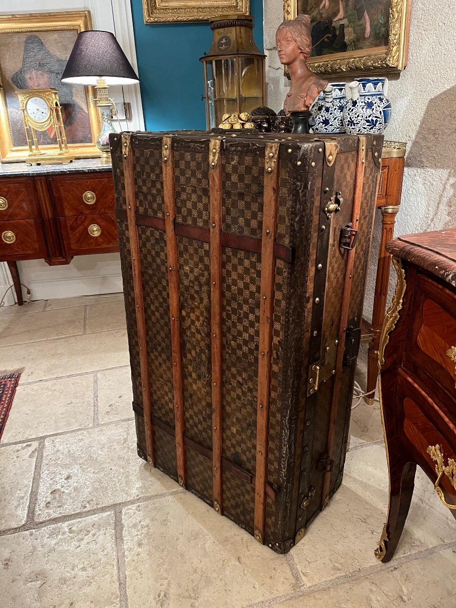 Old Travel Trunk Topped With Waxed Checkered Canvas-photo-2