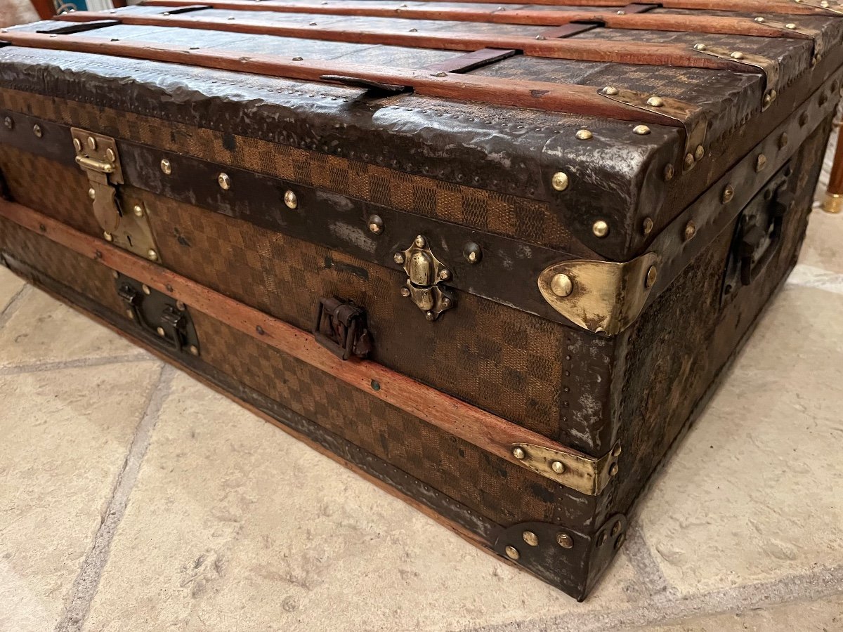 Old Travel Trunk Topped With Waxed Checkered Canvas-photo-3