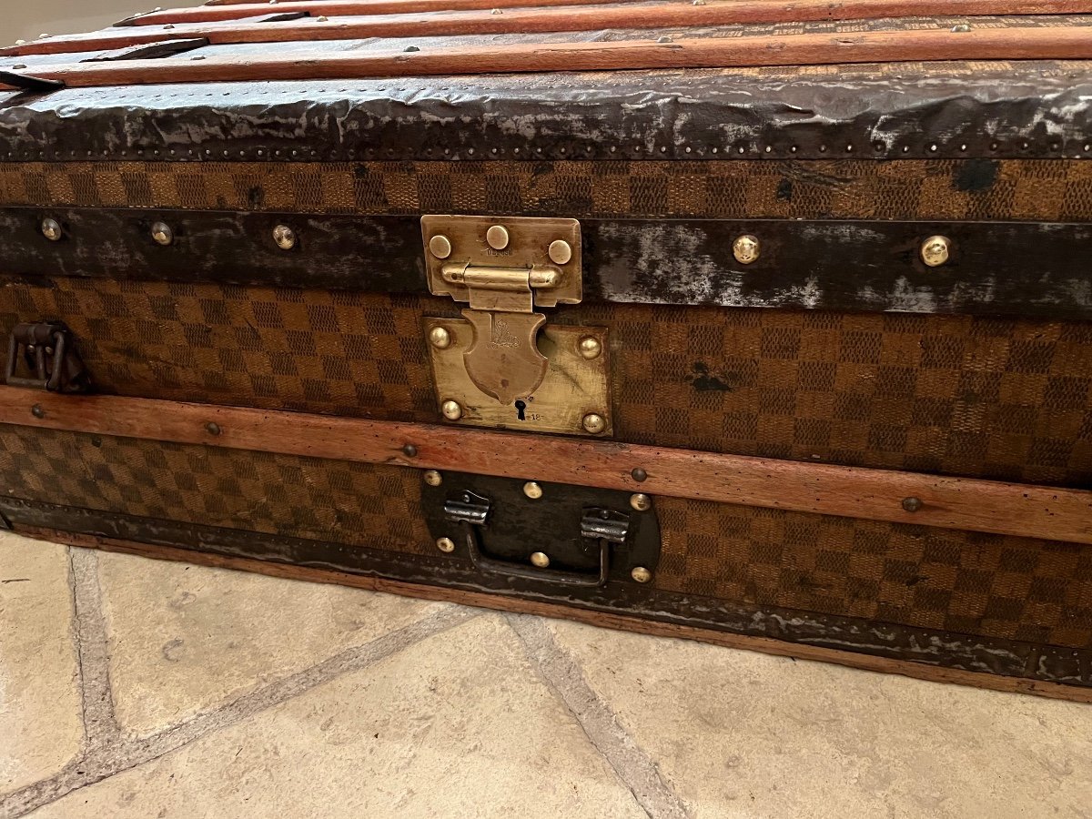 Old Travel Trunk Topped With Waxed Checkered Canvas-photo-4