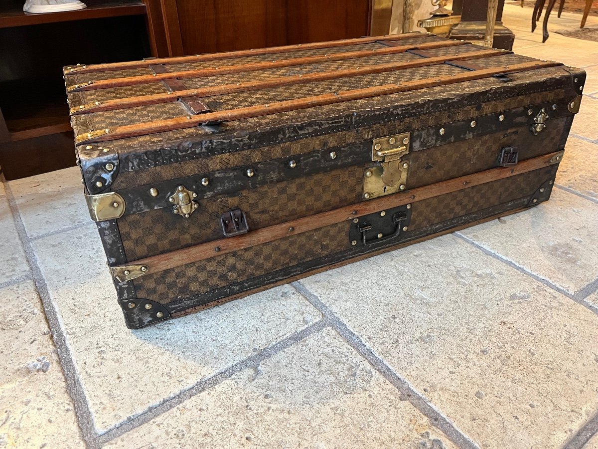 Old Travel Trunk Topped With Waxed Checkered Canvas-photo-7