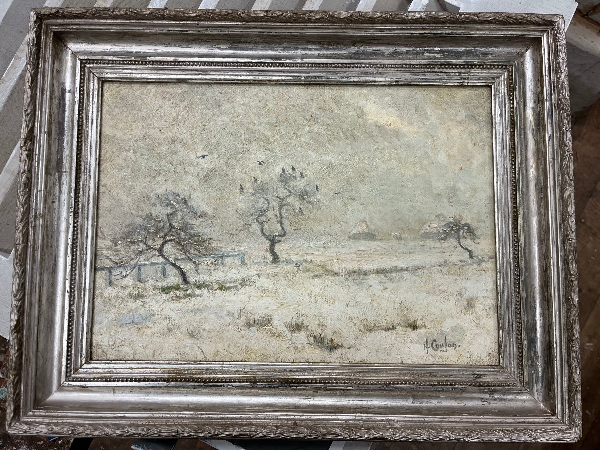 Oil On Canvas Snow Landscape Signed Henri - Coulon -photo-4