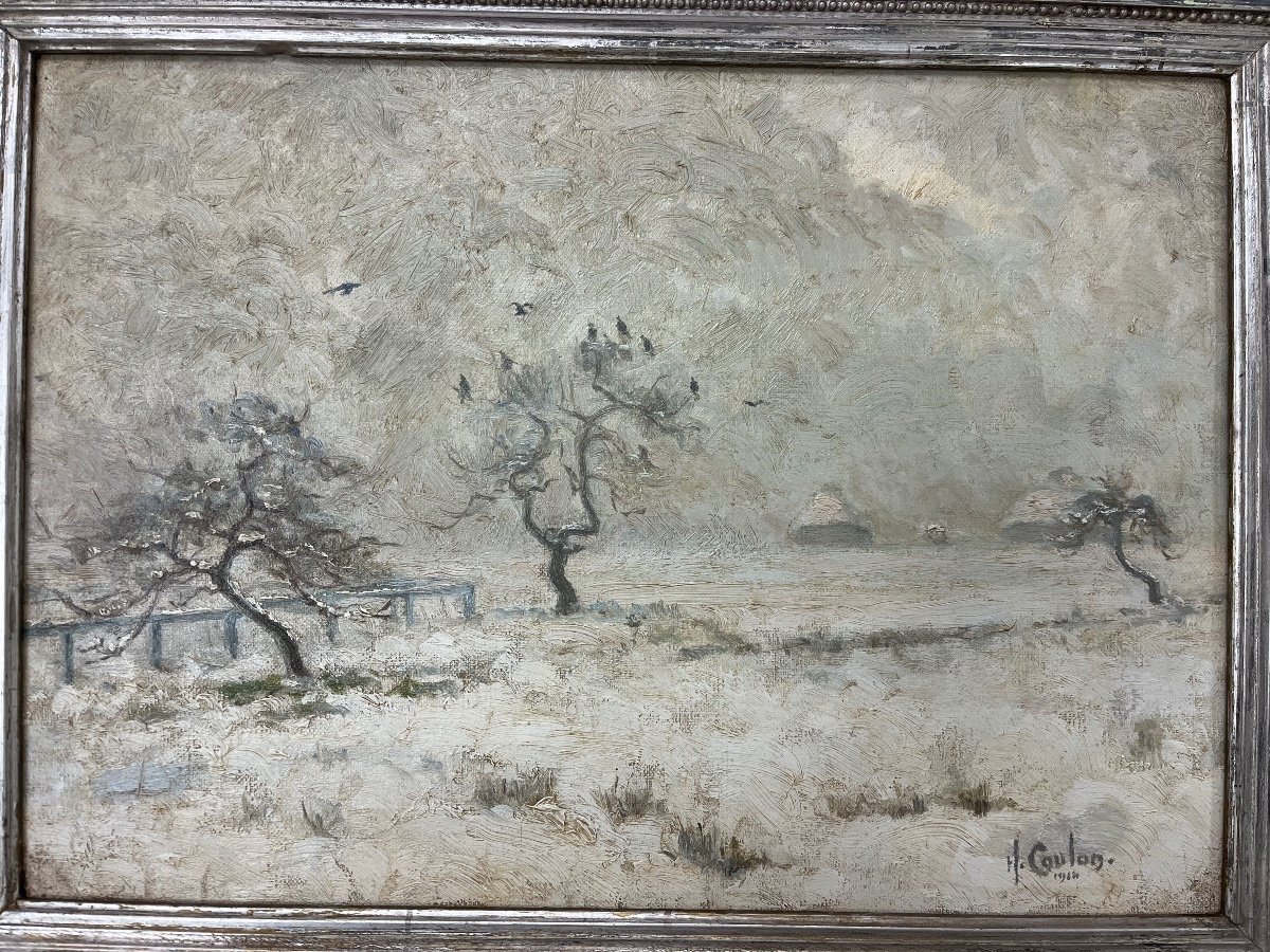 Oil On Canvas Snow Landscape Signed Henri - Coulon -photo-5