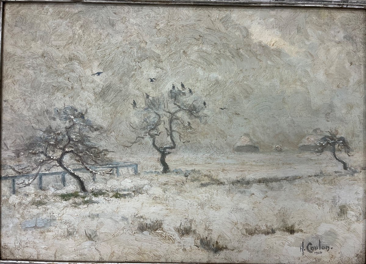 Oil On Canvas Snow Landscape Signed Henri - Coulon 