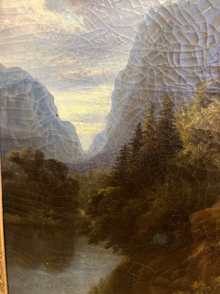 Oil On Canvas 19th Century Mountain Landscape -photo-2