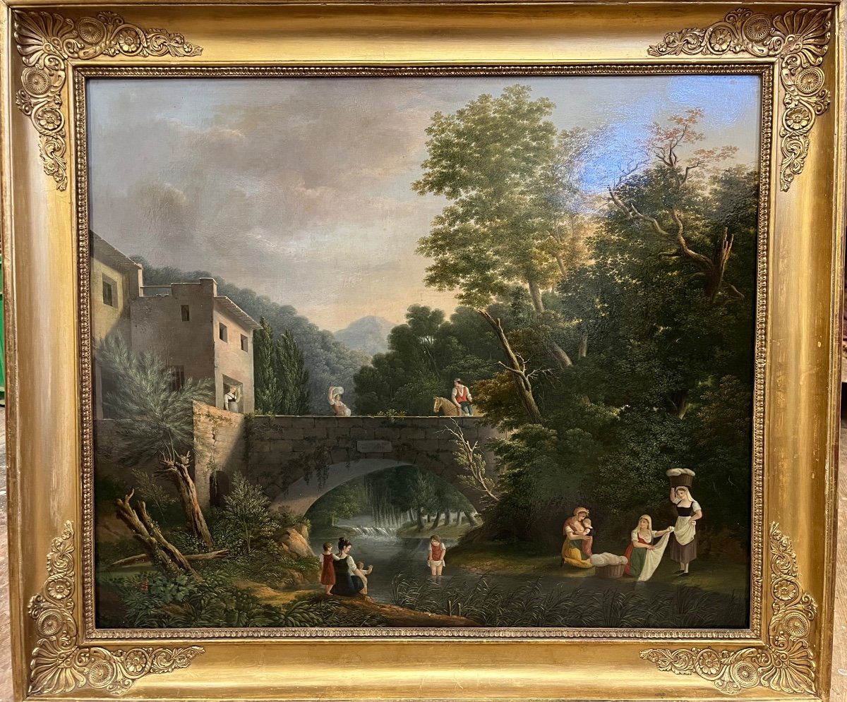 Oil On Panel English School - The Washerwomen 