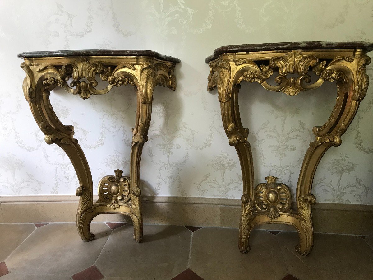 Pair Of Louis XV Style Consoles, In Golden Wood-photo-3