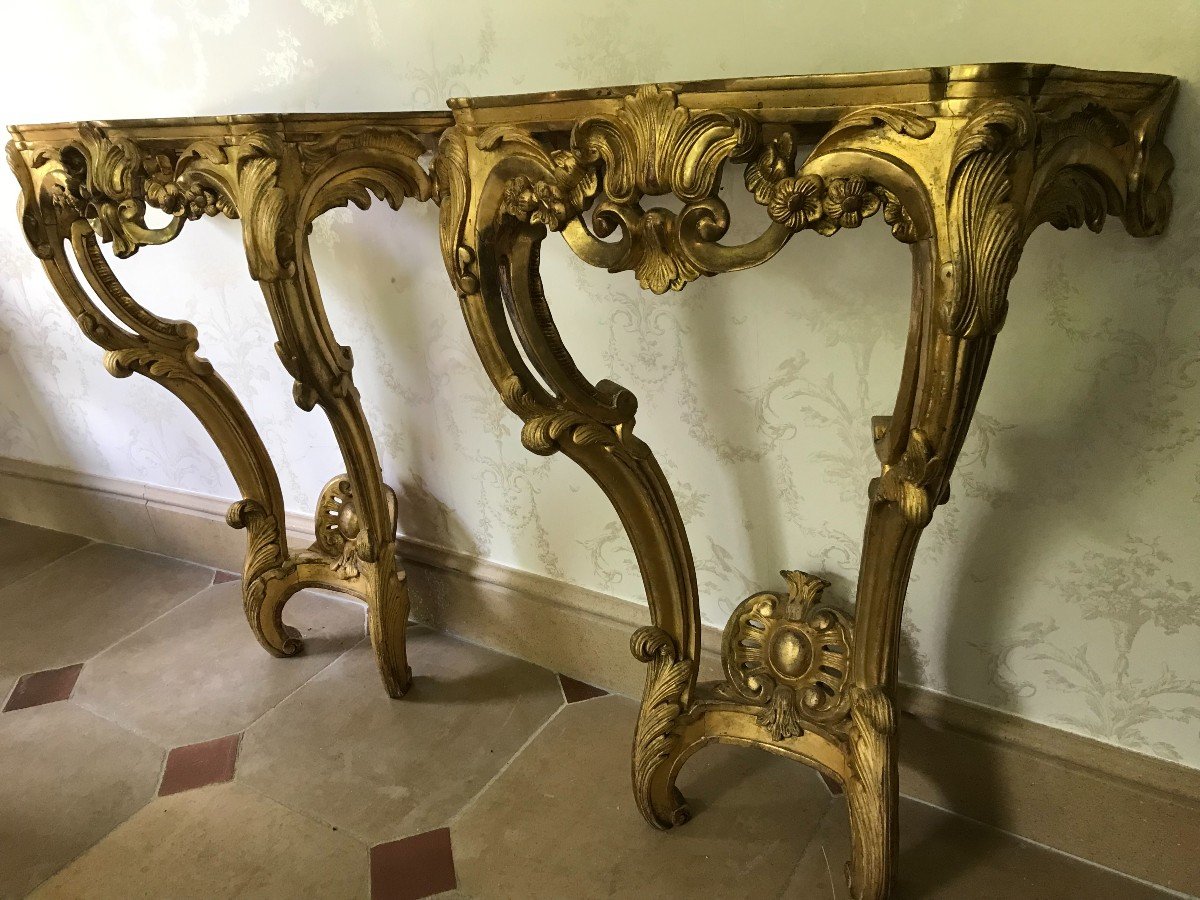 Pair Of Louis XV Style Consoles, In Golden Wood-photo-4