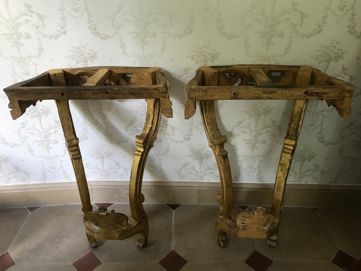 Pair Of Louis XV Style Consoles, In Golden Wood-photo-5