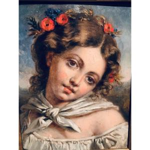 Oil On Panel - Young Girl With A Crown Of Flowers 