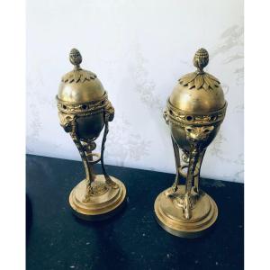 Paire De Cassolettes Bronze Doré D’epoque Fin XVIIIe