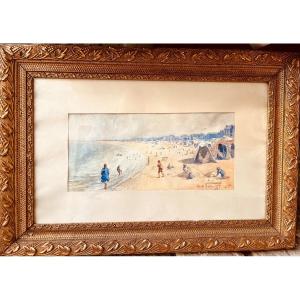 The Beach Watercolor On Paper Signed Henri Tolart