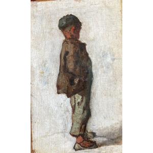 Portrait Of A Young Boy From The Back - Oil On Canvas 19th Century