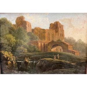 Oil On Panel Scene Of Ancient Ruins, 18th Century