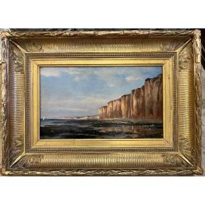 Etretat Cliff - Oil On Mahogany Panel 19th Century