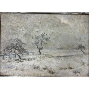 Oil On Canvas Snow Landscape Signed Henri - Coulon 