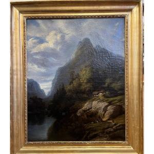 Oil On Canvas 19th Century Mountain Landscape 