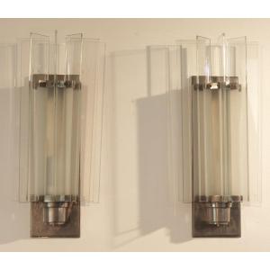 Pair Of Art Deco Sconces, Modernist 1930, Glass Slats And Nickel-plated Metal