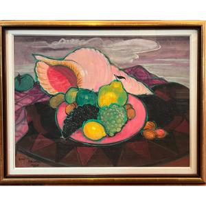 Maire André (1898-1984) Coquillage, Coupe De Fruits Et Ciel Violet