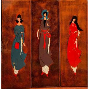 Vietnamese Lacquerware (20th Century) Women In Traditional Outfits 
