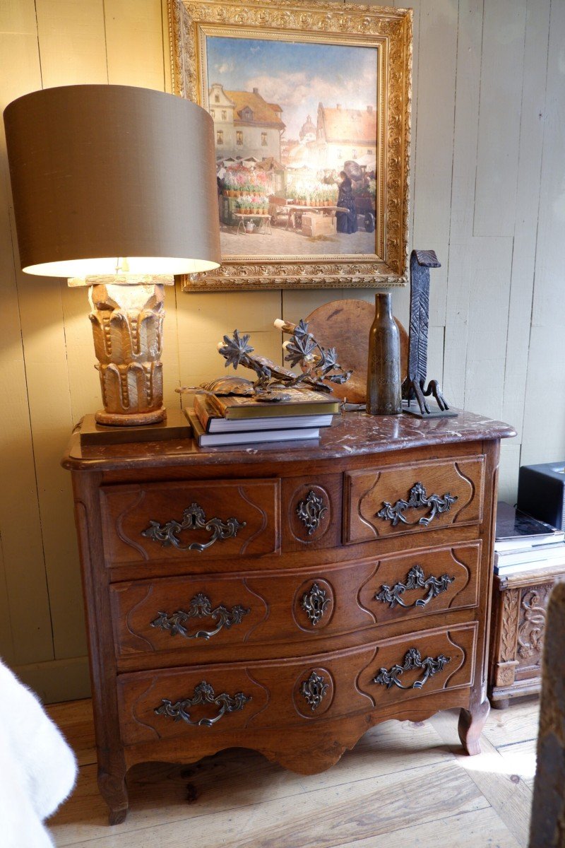 Small Regency Chest Of Drawers 4 Drawers In Natural Wood And Red Marble Top-photo-2