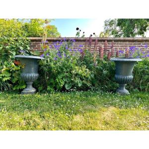 Pair Of Medici Vases On Cast Iron Pedestal