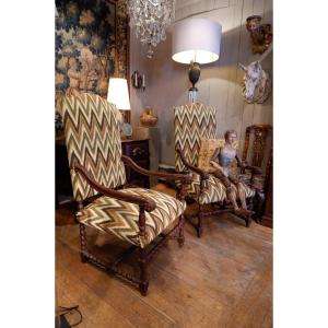 Pair Of Large Carved Oak Armchairs With Scrolled Arms