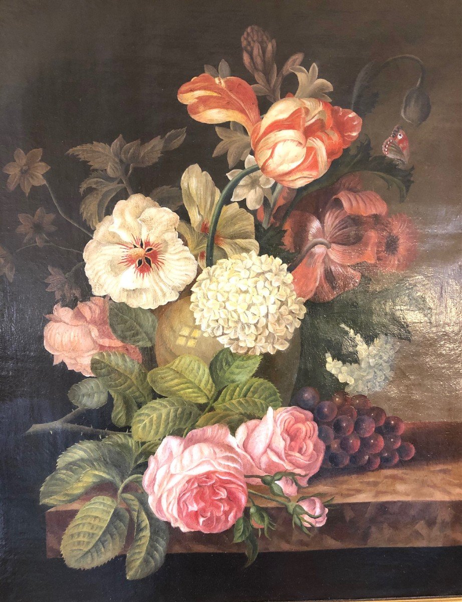 Bouquet De Fleurs, Huile Sur Toile Début XXe, Dans Le Gout Du XVIIIe -photo-2