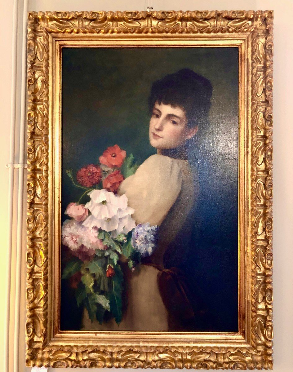 Harriet Harrisson XIXe (attribué à) : Grande Huile Sur Toile : Femme Au Bouquet De Fleurs 