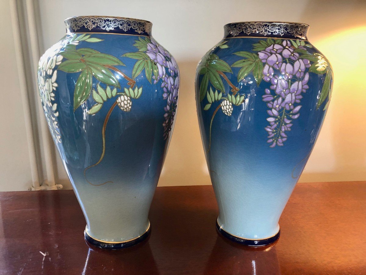 Pair Of Boch Keramis Vases Decorated With Wisteria-photo-4