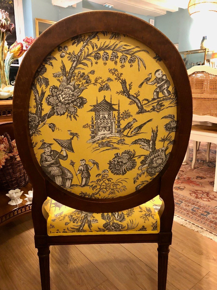 Fauteuil Médaillon XIXe Estampillé, Retapissé Toile De Jouy -photo-4