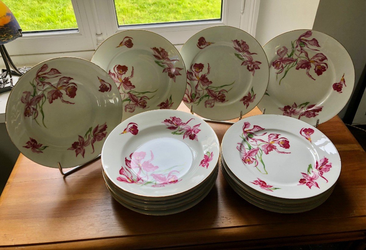 15 Assiettes Porcelaine De Paris à Décor d'Iris Fushia vers 1900 (8 Plates, 7 Creuses) 