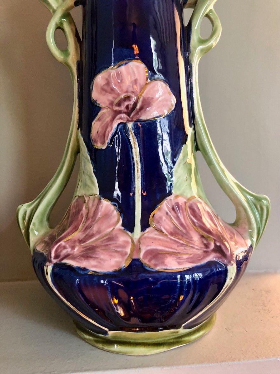 Paire De Vases Barbotine  Art Nouveau à décor de fleurs -photo-2
