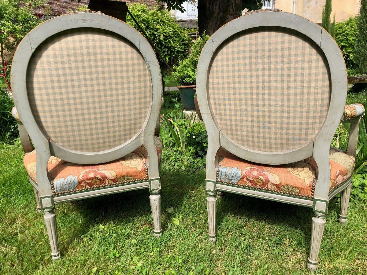 Pair Of 19th Century Louis XVI Style Cabriolet Armchairs Green Rechampis -photo-5