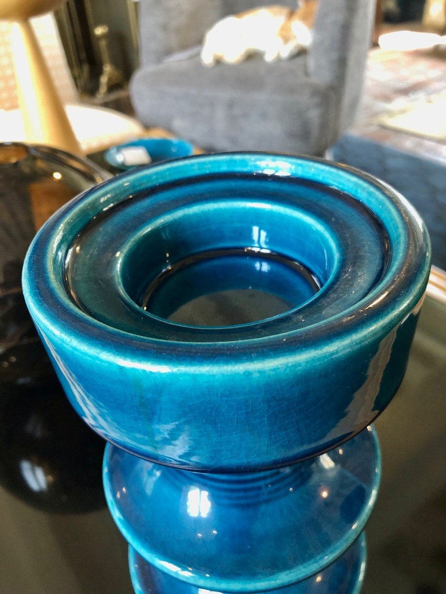 Large Cari Zalloni Candle Holder Steuler Turquoise Color 1970s, Stamp Under The Base-photo-2