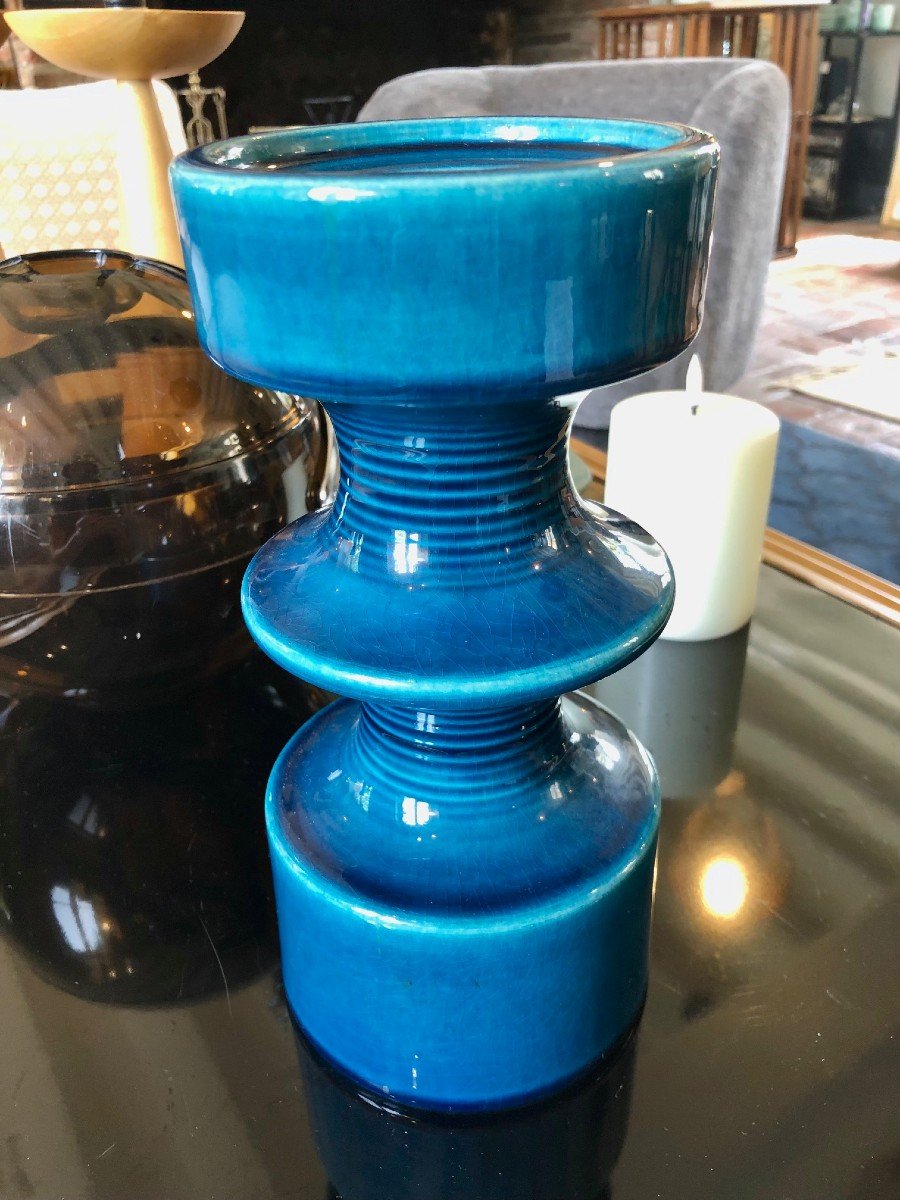 Large Cari Zalloni Candle Holder Steuler Turquoise Color 1970s, Stamp Under The Base