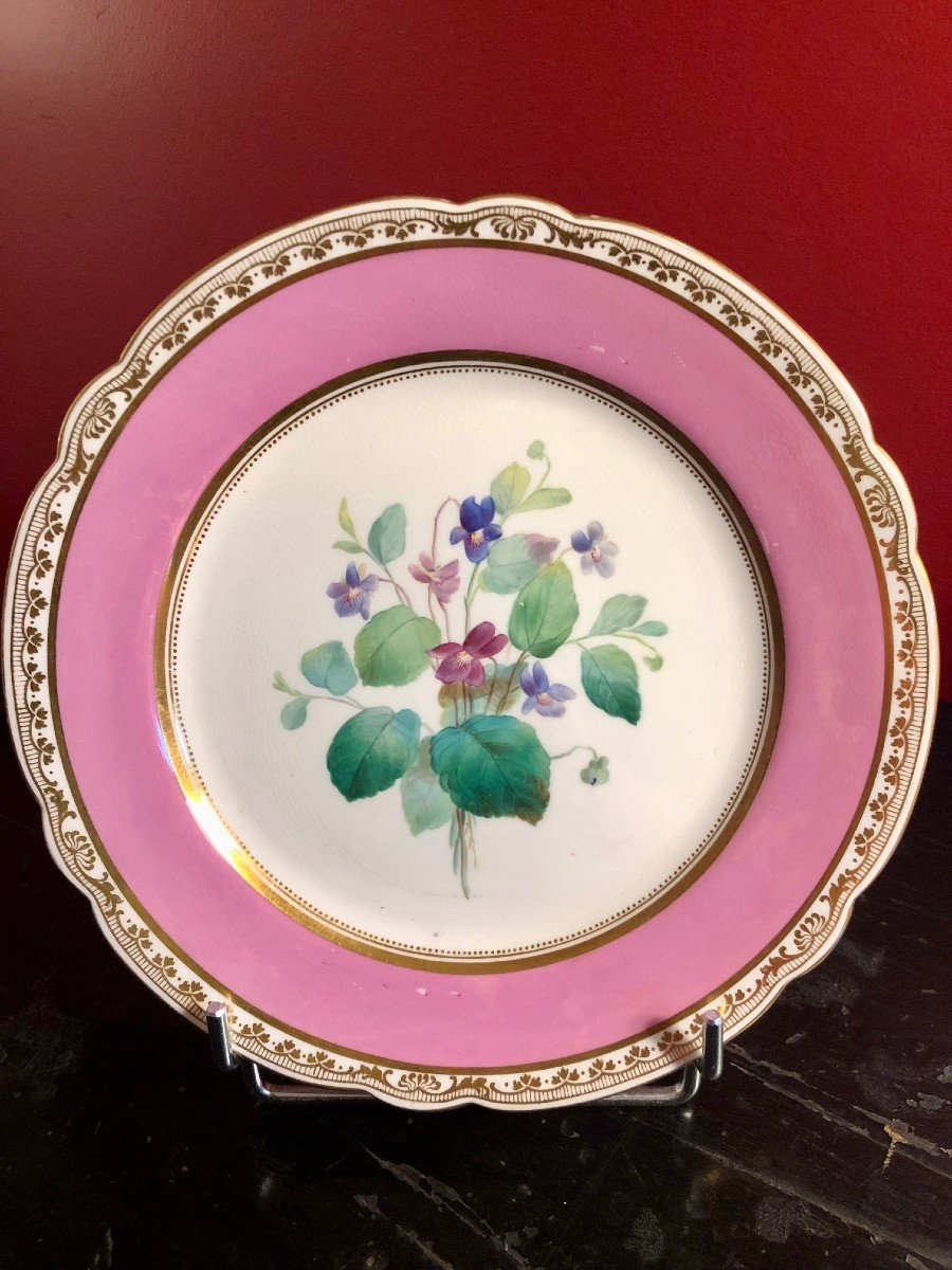 19th Century Paris Porcelain: 7 Plates And A Cup, Flower Decor -photo-3