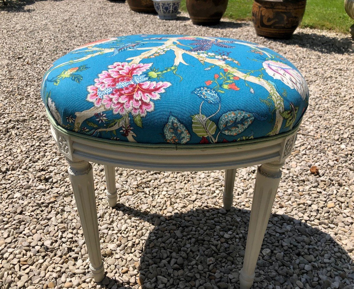 L XVI Style Stool In Gray Lacquered Wood Reupholstered With A House Of Hackney Fabric-photo-2