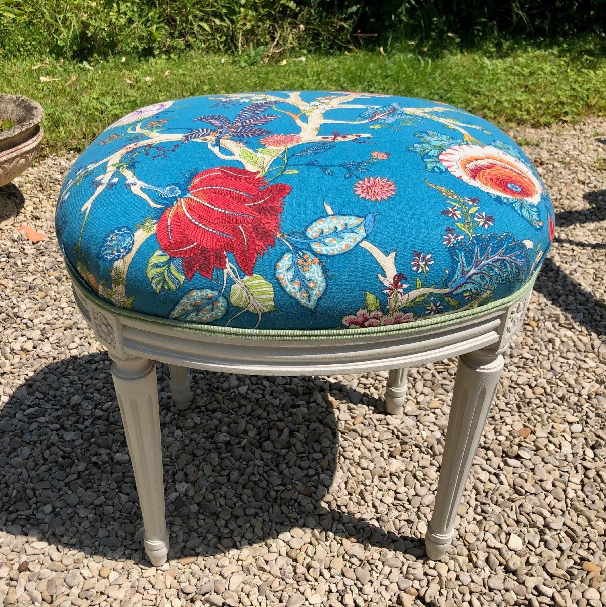 L XVI Style Stool In Gray Lacquered Wood Reupholstered With A House Of Hackney Fabric