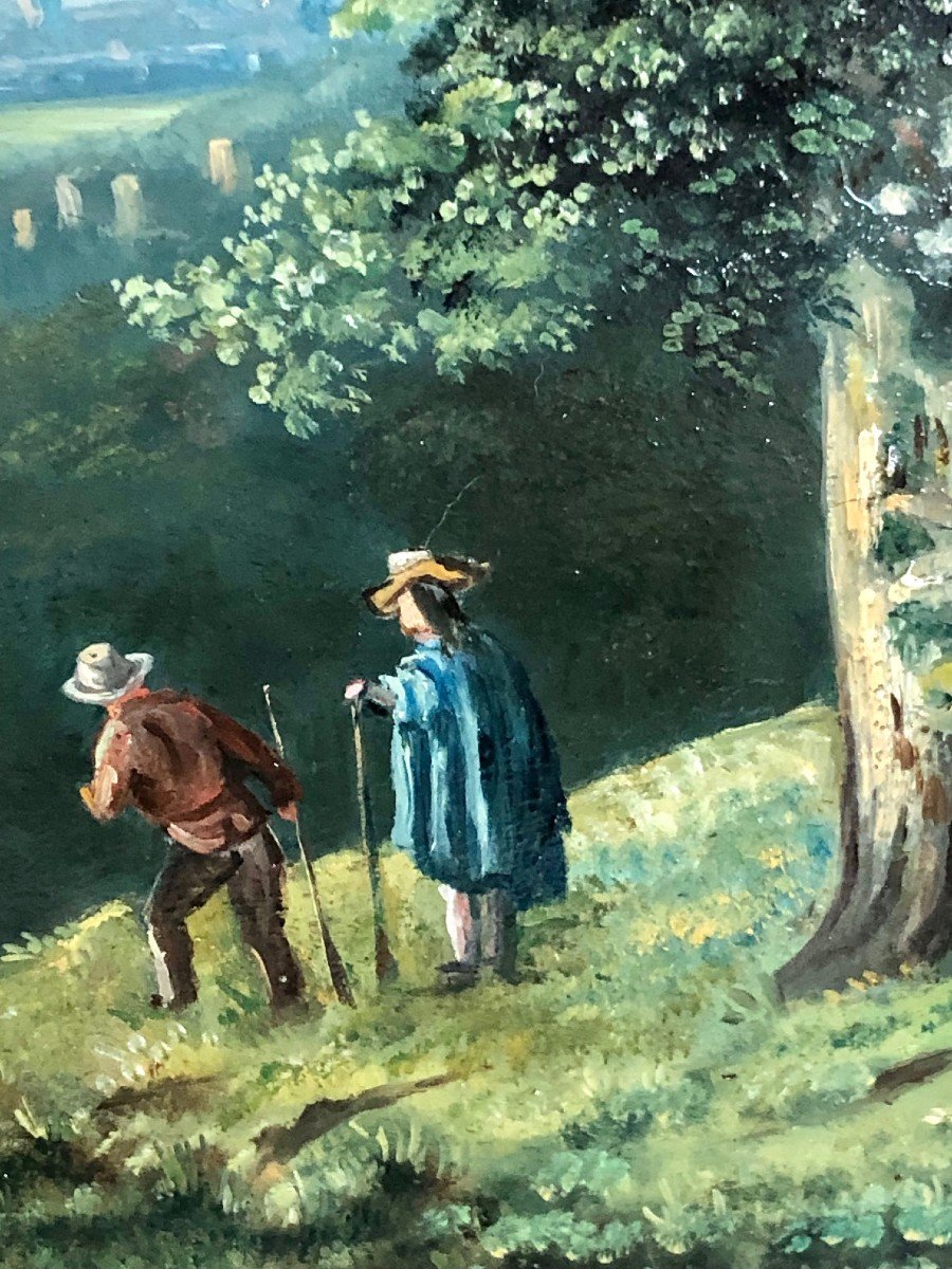 Huile Sur Panneau XIXe , Scène Champêtre animée, 1er Tableau d'Une Paire -photo-2