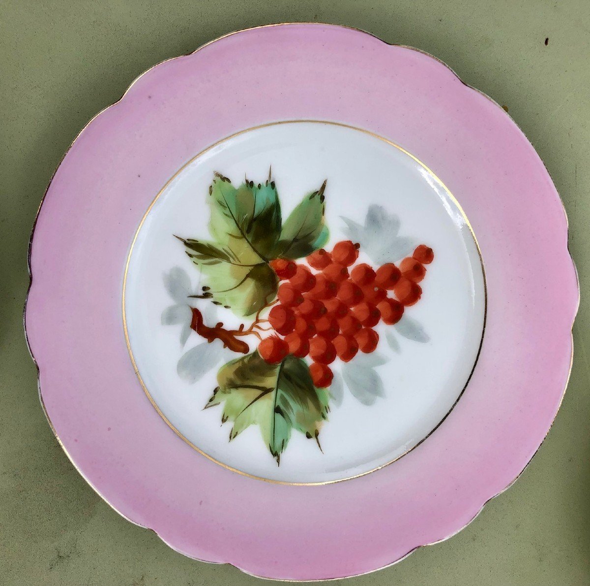 Set Of 11 19th Century Porcelain Plates, Fruit Decor, Le Marli Pink/mallow Scalloped -photo-4